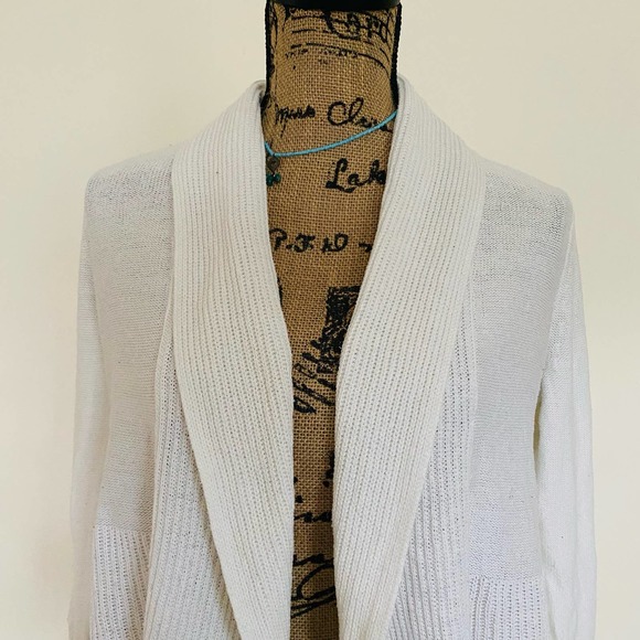 LOFT Rib Trim White Knit Cotton Open Classic Cardigan Sweater - Picture 2 of 7